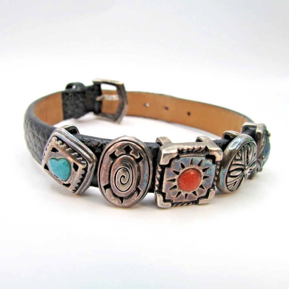 Prerogatives Genuine Leather .925 silver Charms Belt Bracelet W multi stones